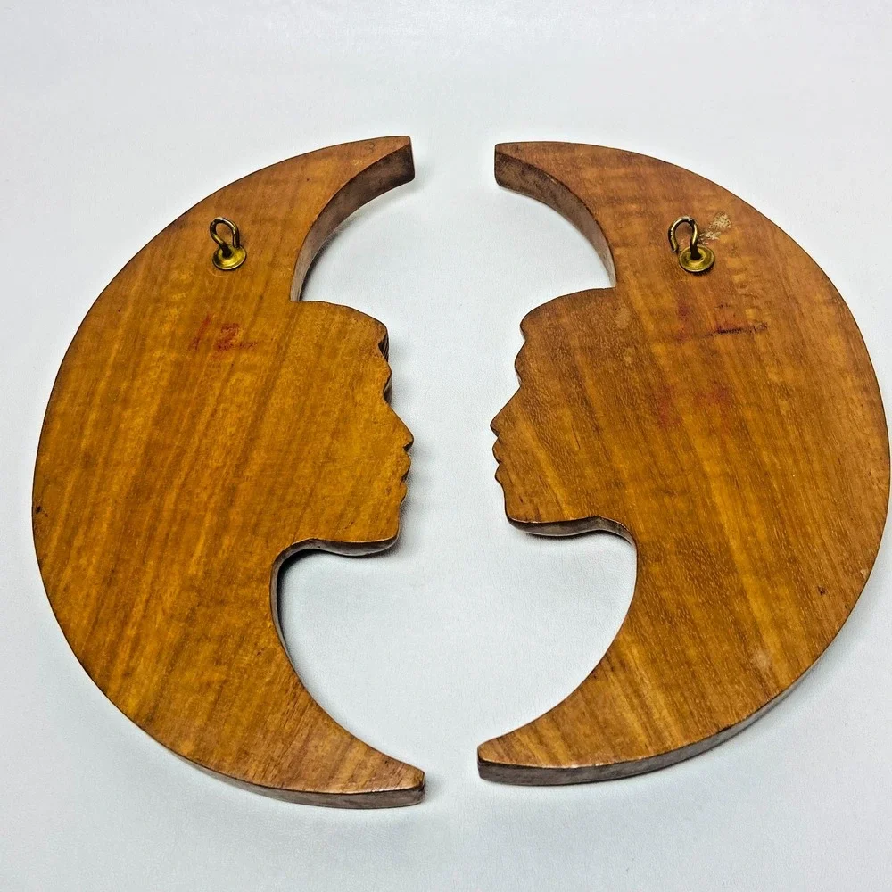 Vintage Pair‎ of Native American Indian Wooden Carved Moons Wall Hangings
